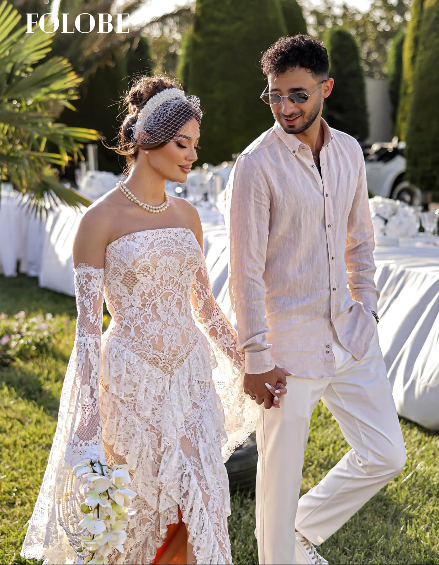 FOLOBE robe de mariée sans bretelles dentelle exquise sirène avec manches évasées balayage Train robe de mariée vestidos de noche personnalisé