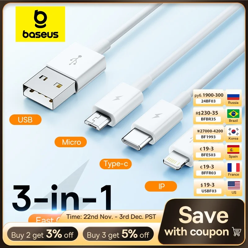 Baseus 3 in 1 USB Cable for iPhone 12 Pro Max Fast Charging Cable for Android Phone Huaiwei Xiaomi Type C Cable USB Cable Wire