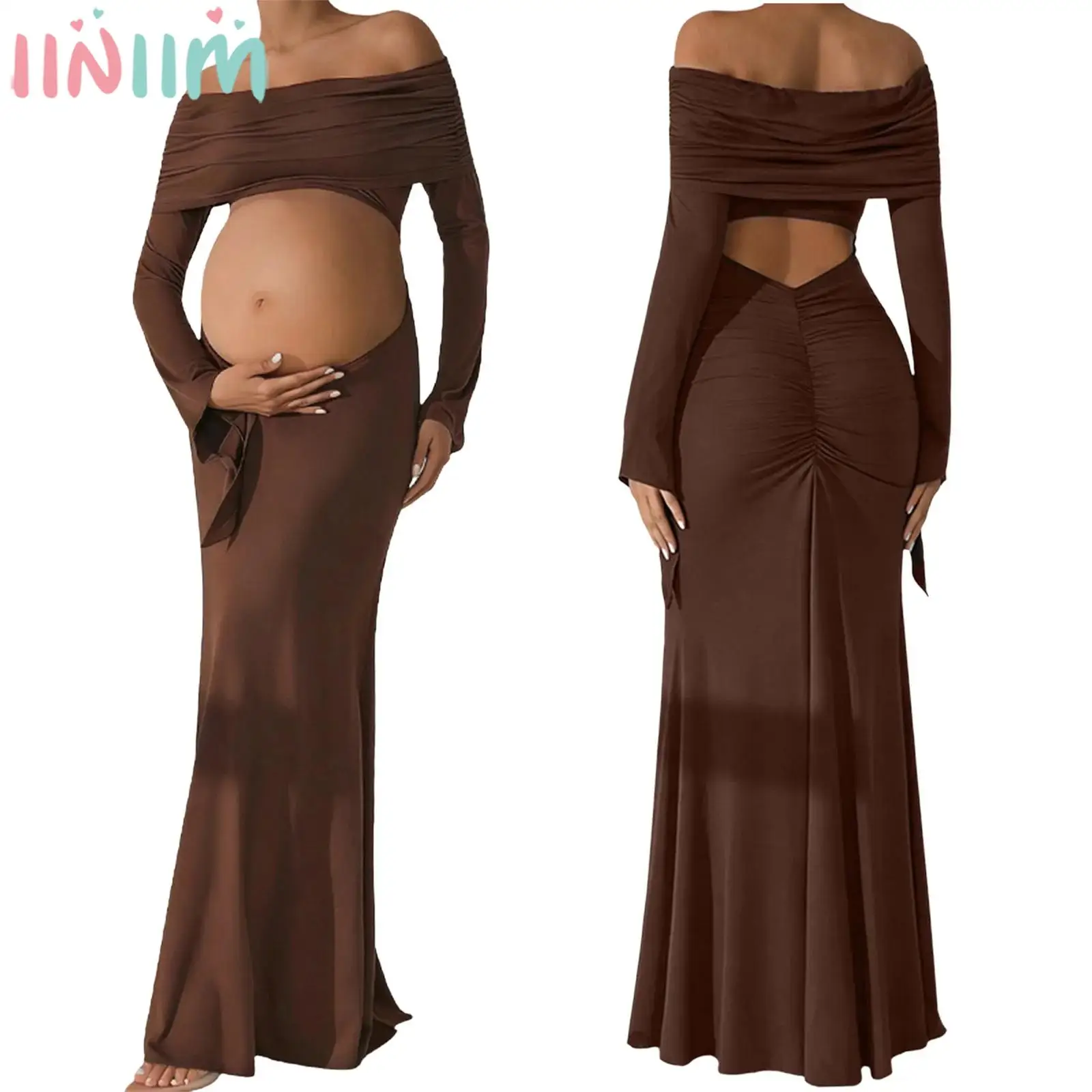

Maternity Photography Dress Off Shoulder Long Flare Sleeve Cutout Ruched Maternity Maxi Gown Photoshoot Beach Holiday Costume