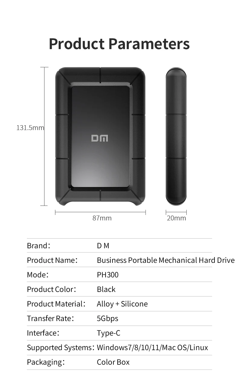 PH300 Business Tragbare Mechanische Festplatte – Hochgeschwindigkeits-USB 3.2 Gen1, Silikon-Schutz, Breite Kompatibilität – Detail 10