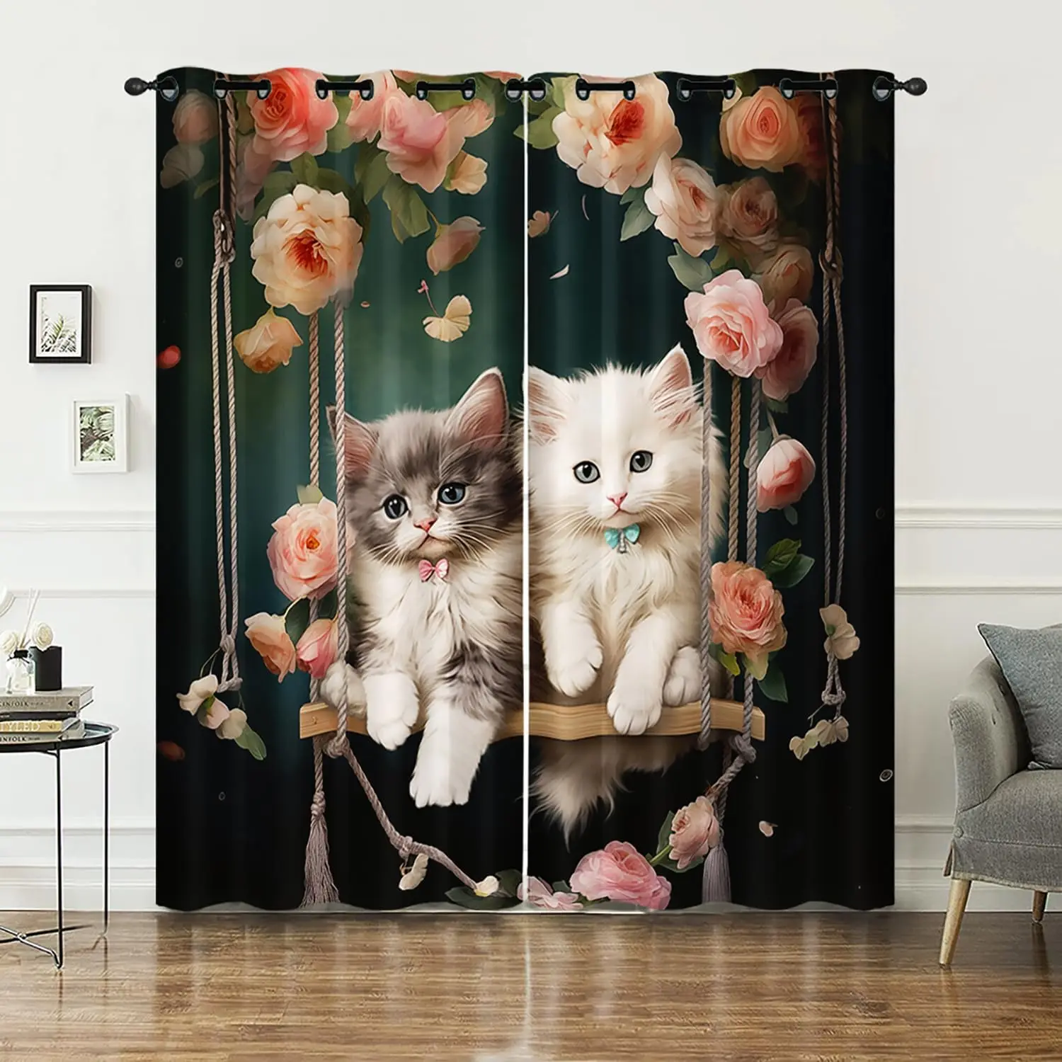 AILONEN Cartoon Beautiful Cat Window Curtains Drapes, Kawaii Kittens with Flower Curtain Tiers,Cat Lovers Animal Window Treatmen