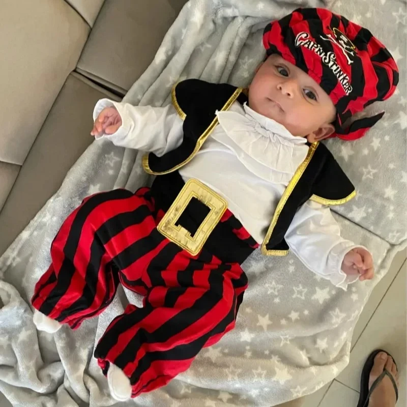

3-15M with Cap Vest Red Knight Pirate Halloween Costume Jumpsuit Stripe Suit Baby Boy Halloween Party Dress Children Kid Clothes