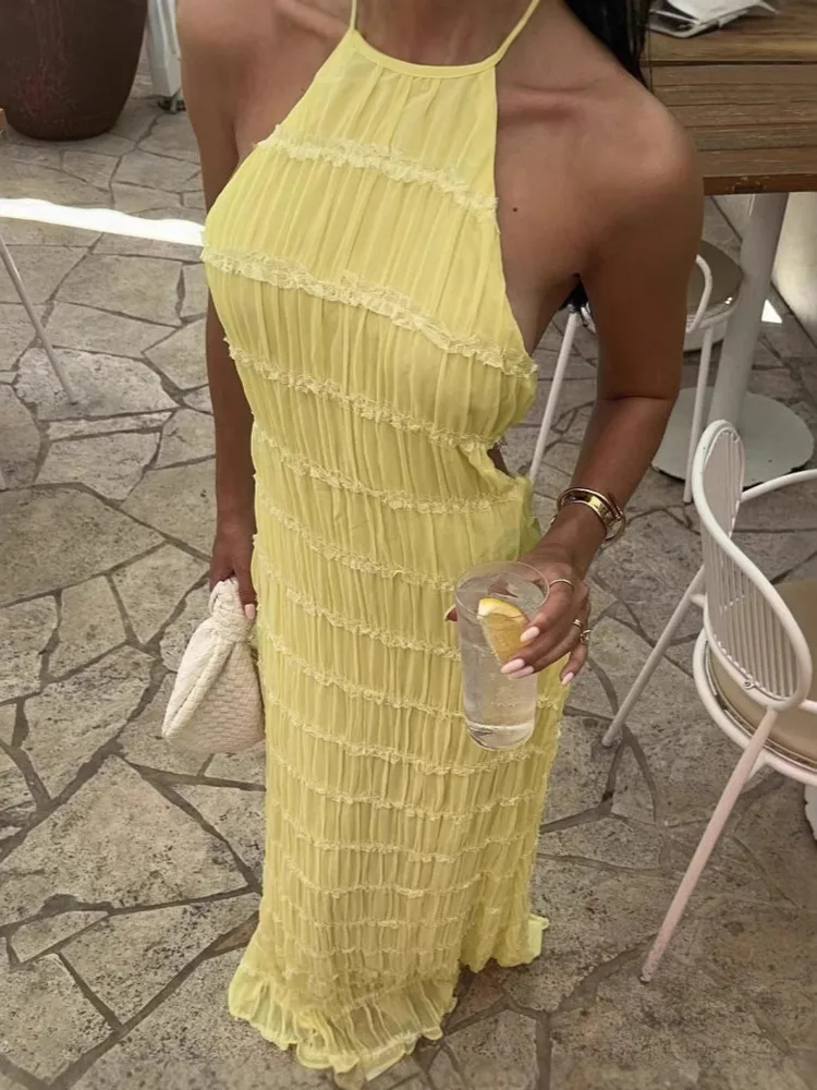 Mozision Halter Backless Sexy Maxi Dress For Women Spring Summer New Lace-up Sleeveless Pleated Beach Holiday Long Dress Elegant