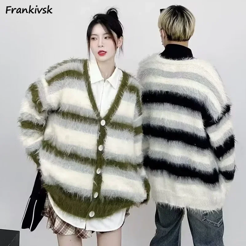 

Knitted Jackets Women Baggy Temperament Plush Striped Outwear Warm Lazy Style Couples Daily Aesthetic Soft Ulzzang Autumn Winter