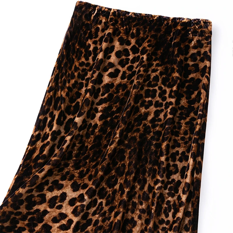 100% Mulberry Silk Lining Women Velvet Silk Knee-length Skirt Fashion Brown Leopards Elastic Waist Chic Skirts Autumn M1789