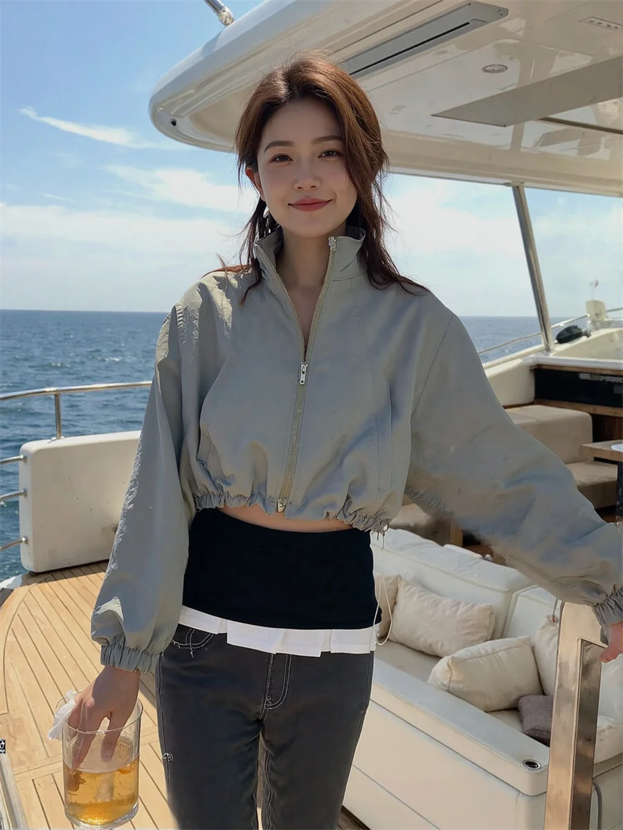 

Cropped Pleated Zipper Jackets Coats Woman Demi-Season Jacket For Women Fall Wicking Flannel Trekking Dancer Patchwork Modern OL