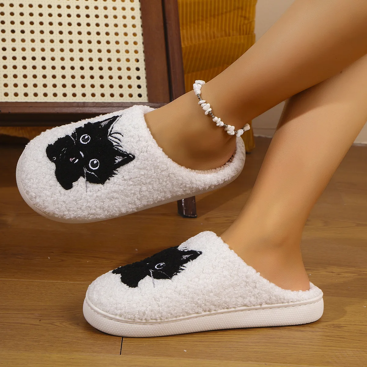 Winter Women's Slippers Cute and Interesting Cartoon Little Black Cat Indoor Warm Comfort Home Bedroom Soft Causal Plush Shoes