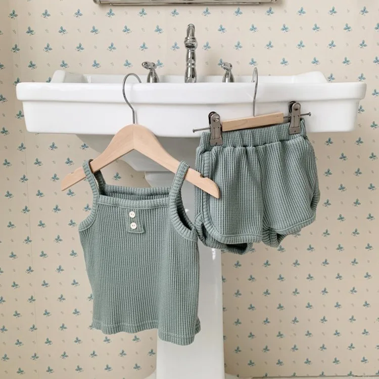 2025 Summer New Children Sleeveless Clothes Set Baby Boys Girls Cotton Sling Vest + Shorts 2pcs Suit Kids Solid Casual Outfits