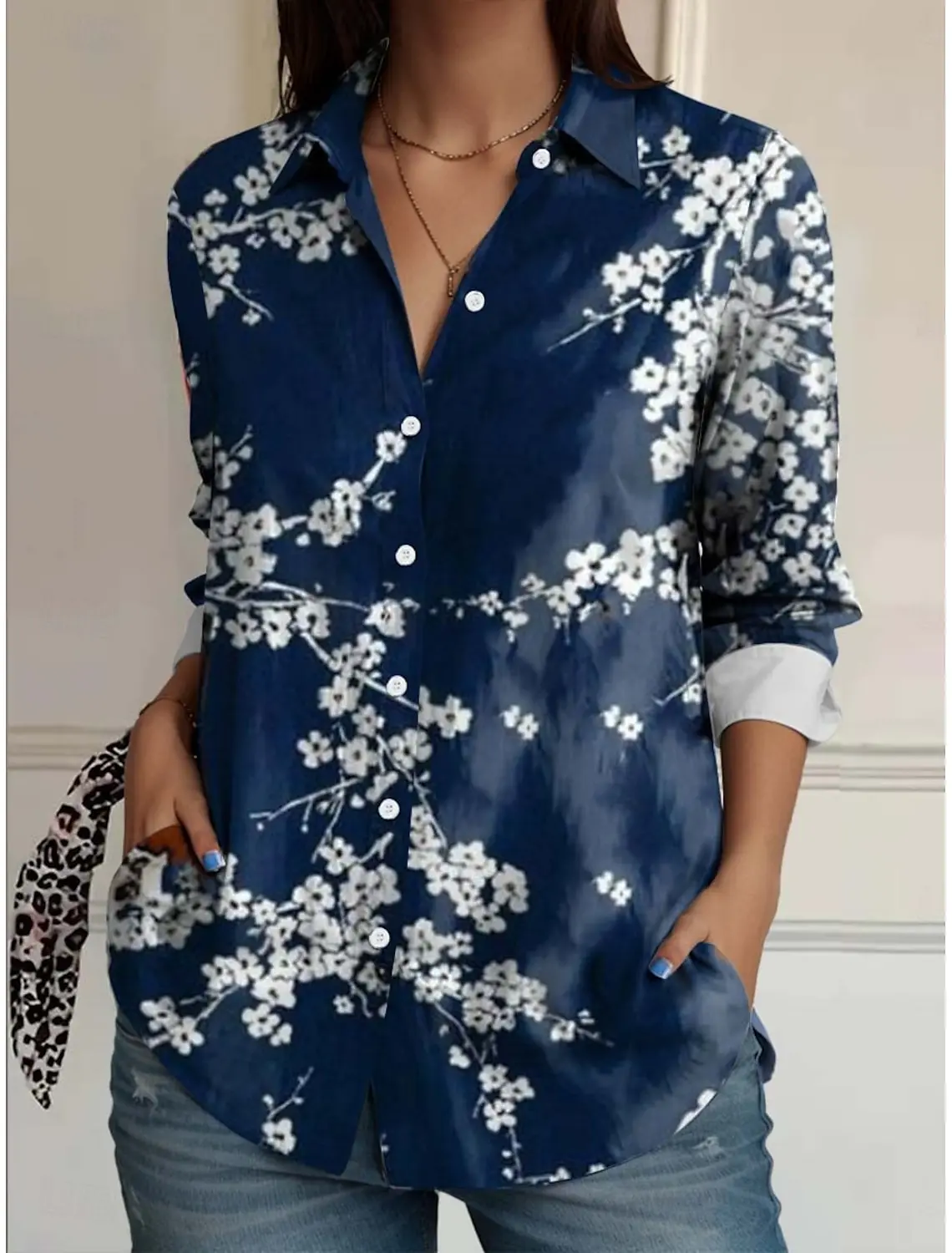 2025 Women's Shirt Flower Active Stylish Blouse Lapel Neck Blouse Women's Long Sleeve Shirts Womens Clothing Female Clothing