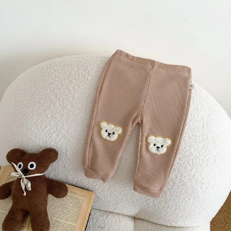 Cotton Baby Pants Cute Cartoon Bear Applique Boys Girls Pants Mid Elastic Waist Trousers Toddlers Baby Ribbed Casual Pants