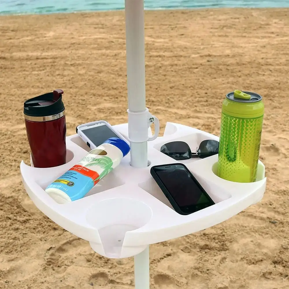 

Round Beach Umbrella Table Tray Plastic with 4 Cup Holders Beach Snack Compartments 4 Snack Grids Pan Umbrella Table Cup Holders