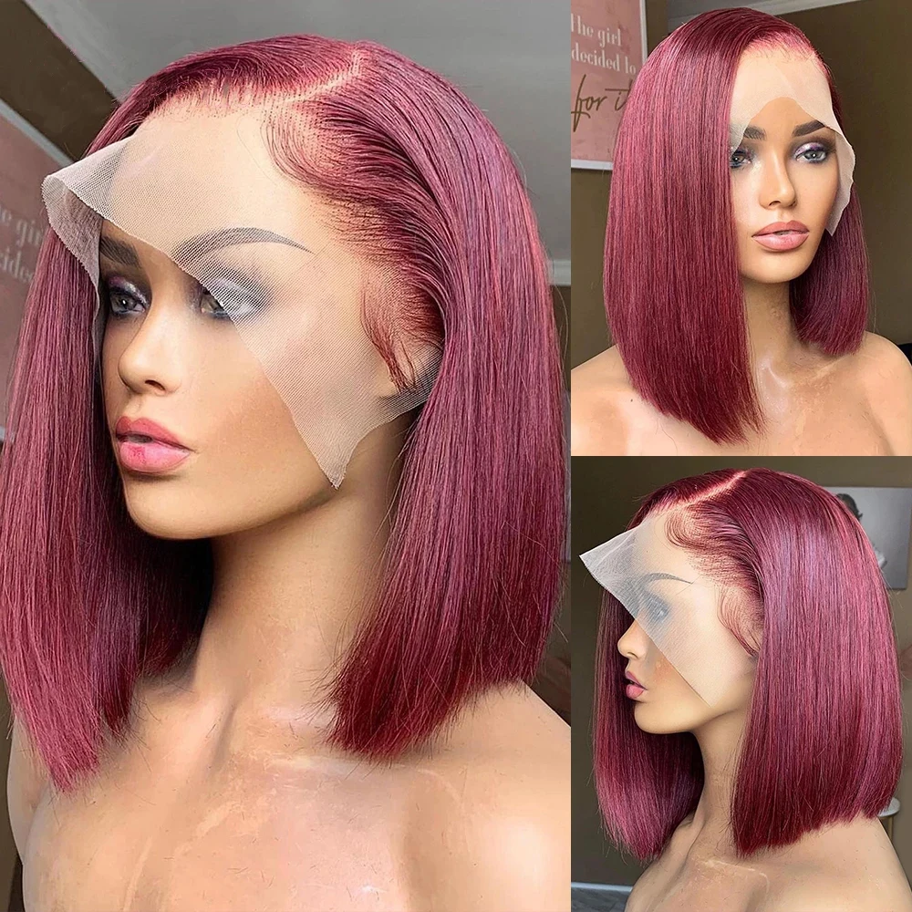 Peluca de cabello humano liso de 13x4, postizo de encaje Frontal con corte Bob, Color rojo transparente, densidad de 180, 99J