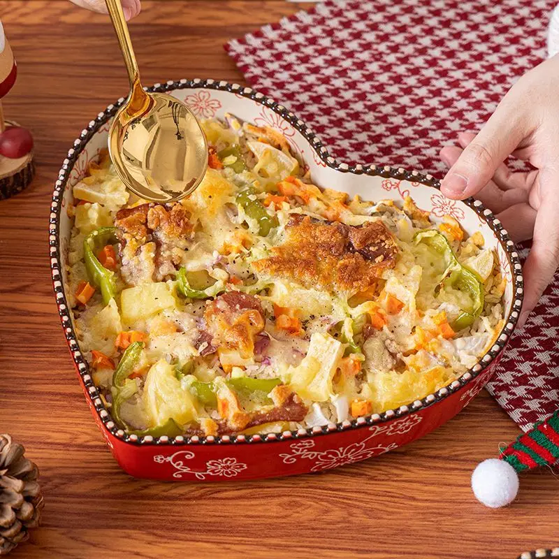 Multifunctional Underglaze Ceramic Heart Shape Deep Plate for Pizza Pasta Salad Baking Gratin Dish Set