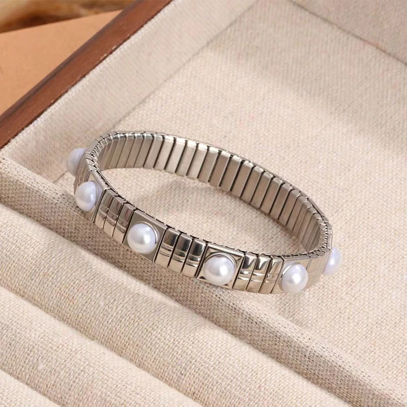 Loe| Korean Fashion Elastic Pearl Bracelet. Stainless Steel .Casual Sport Jewelry. New 2024