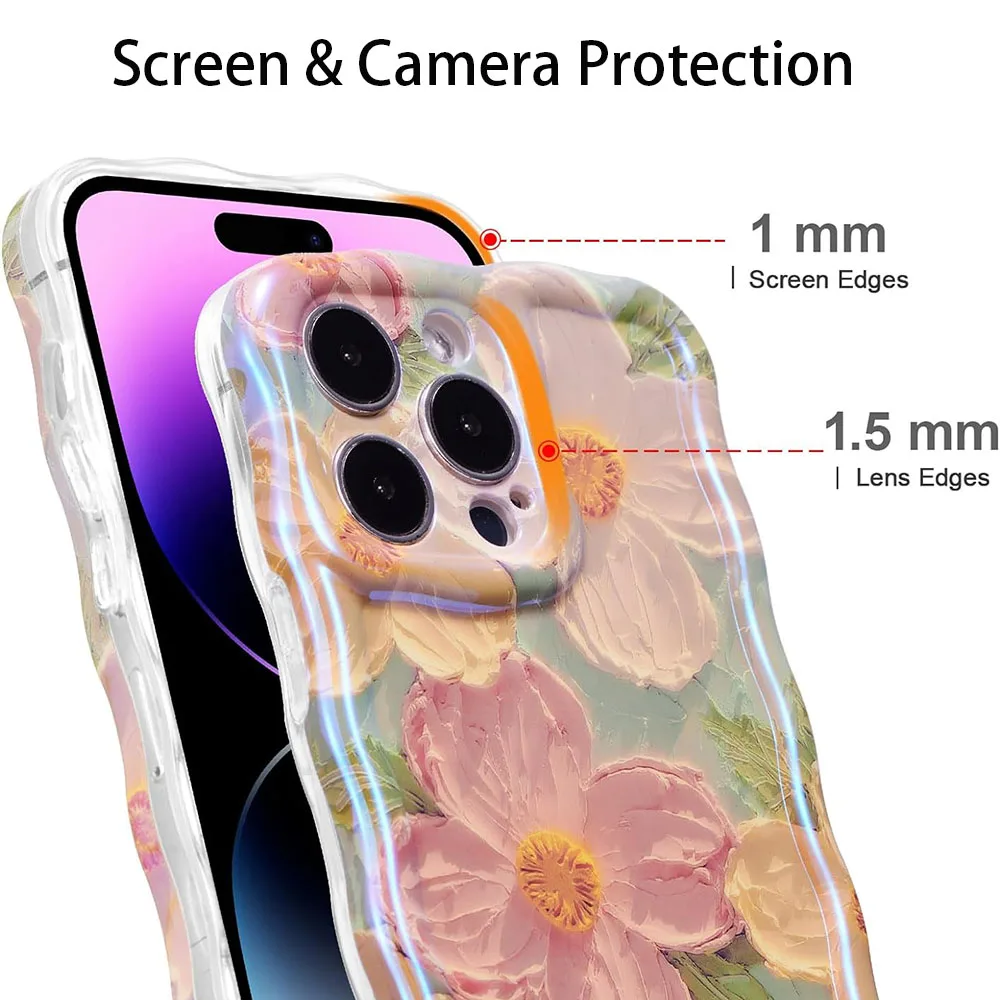 Stylowe etui na telefon iPhone 11 12 13 14 15 16 Pro Max Retro Oil Painting Flower Glossy Cute Floral Wave Border Exquisite Cover