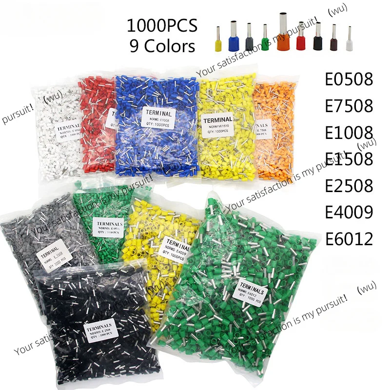 1000pcs/Pack E0508 E7508 E1008 E1508 E2508 Insulated Ferrules Terminal Block Cord End Wire Connector Electrical Crimp Terminator