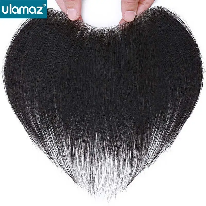 ULAMAZ V-Shape PU Hairline For Man Skin Hair Pieces Human Hair V-Loop Hair Frontal Hairline Hair Weaves Natural Men's Hairpiece