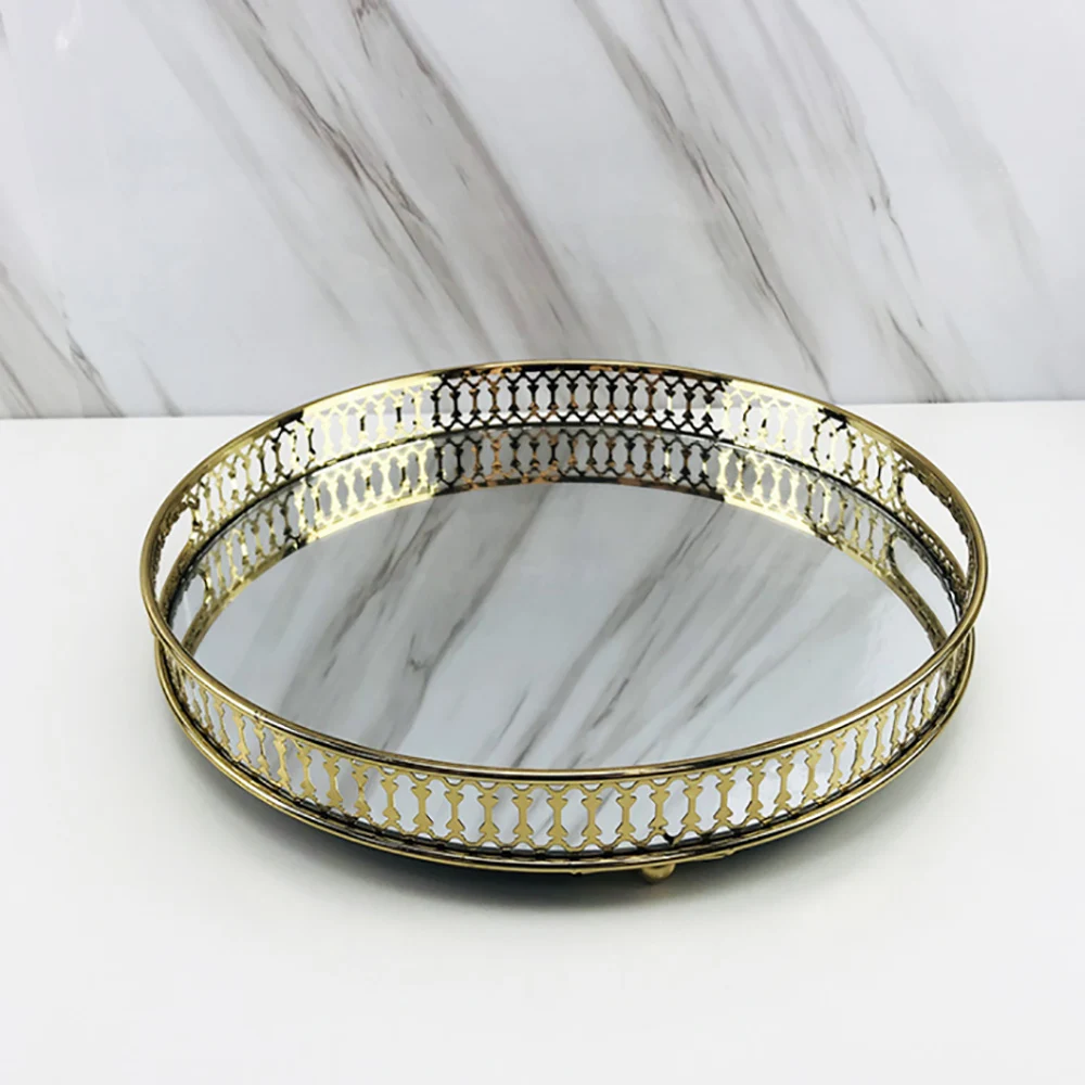 Metal Glass Serving Plate Modern Style Decorative Storage Tray Round Tray Plate Gold Round Serving Tray