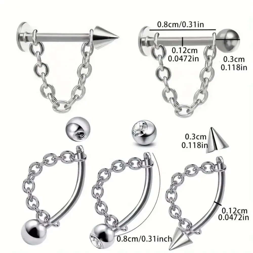 Y2K 1 Uds. Anillos de labio de acero inoxidable Punk estilo remache tachuelas de labio de circonia sintética con cadenas extraíbles joyería para Piercing Facial