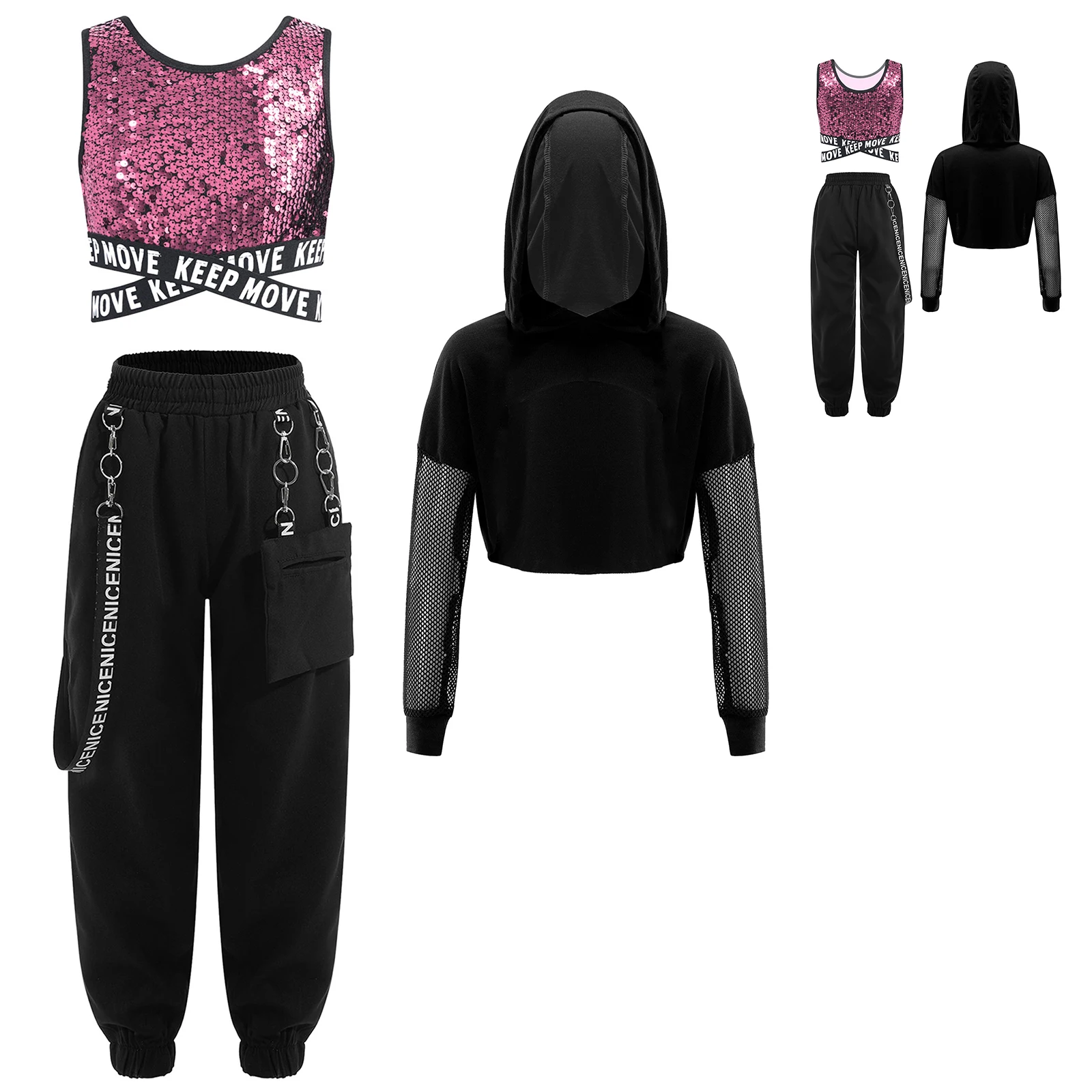 Kids Sparkling Sequins Hip Hop Vest with Pants  Hoodie Sports Clothes Sets Sportswear Girls Hip-hop Jazz Dance Costume