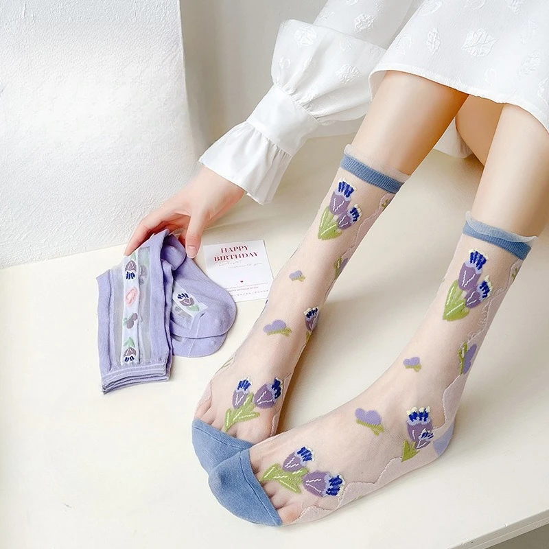 الجوارب النسائية Ins الحرير تنفس حديقة الزهور الحفلات الجوارب كلية الرياح الحلو الزجاج جوارب المرأة الصيف الصيف الكورية الجديدة