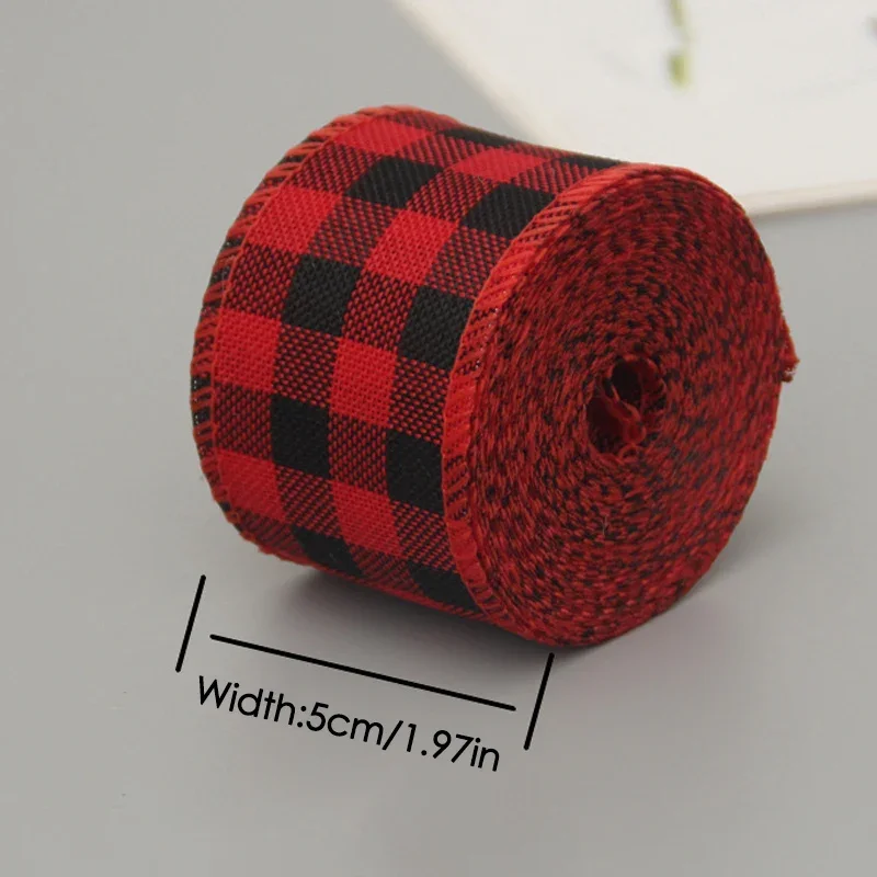 6M/Roll Wire Rim Christmas Decorative Ribbon 5cm Width Imitation Hemp Red and Green Snowflake Gift Packaging Plaid Ribbon