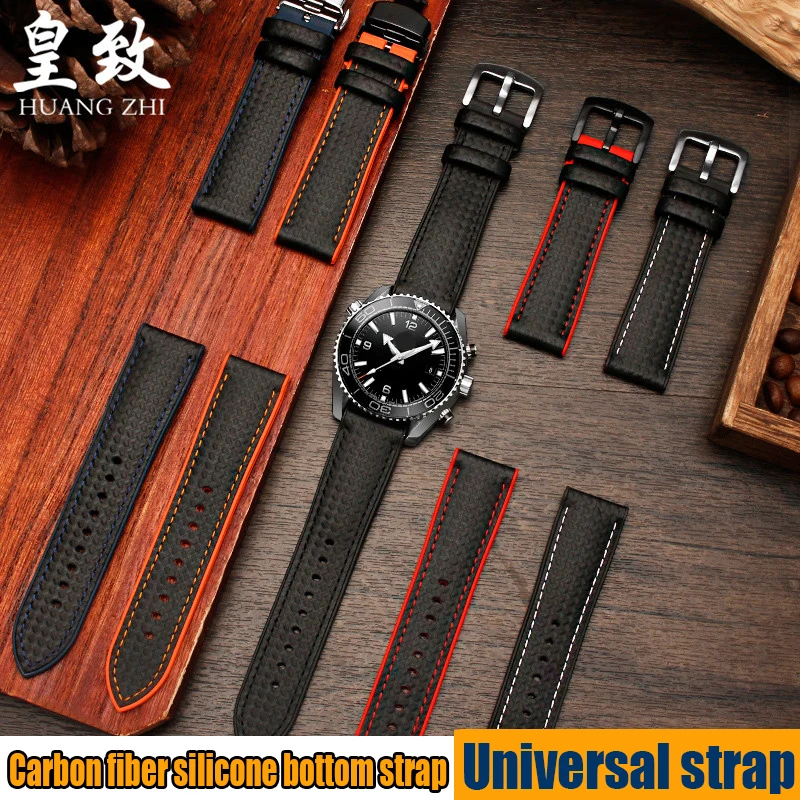 Genuine leather bracelet Carbon fiber Silicon Watchband 20mm Red Orange stitching Black Wristband 21mm 22mm 23mm Men Watch strap