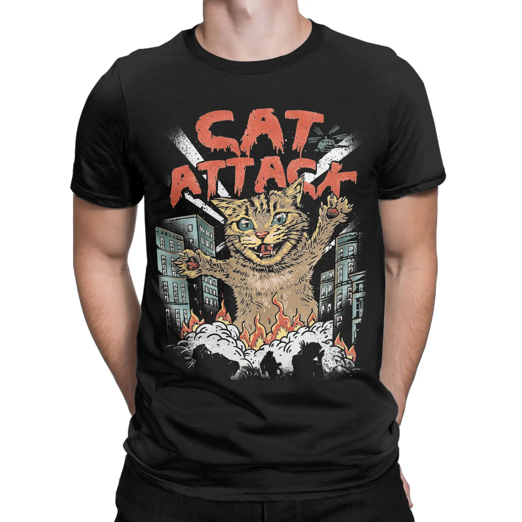 Cat Attack T Shirt Unisex 100%Cotton Top Tee Casual Japanese Japan Retro Catzilla Monster Kaiju Round Neck Short Sleeve