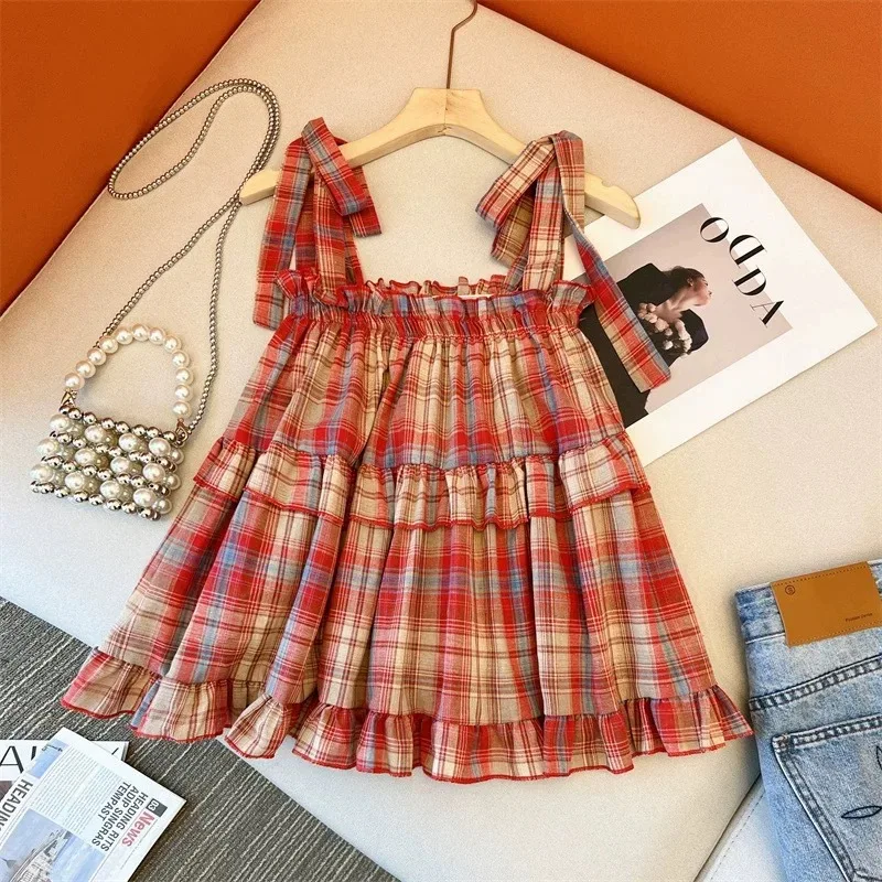 Camisola a cuadros Retro de verano para mujer, chaleco cómodo, suelto, con correa para la oreja de madera, ropa exterior versátil a la moda