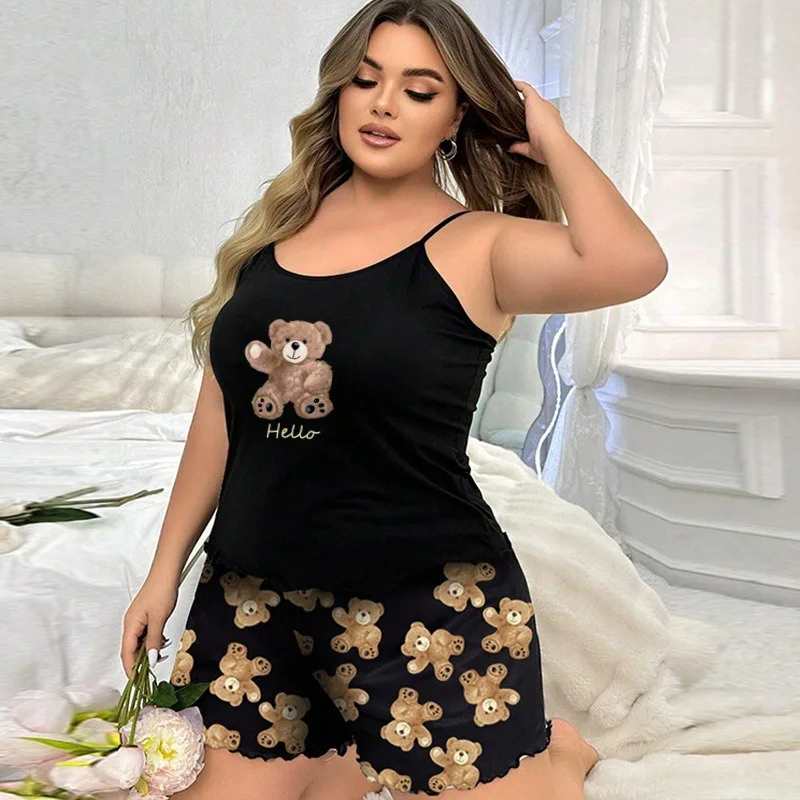 

Summer Cute Black Bear Printed Sling Crop Tops and Shorts Pajamas Set for Women's Loungewear Sleepwear Home Wear Clothes