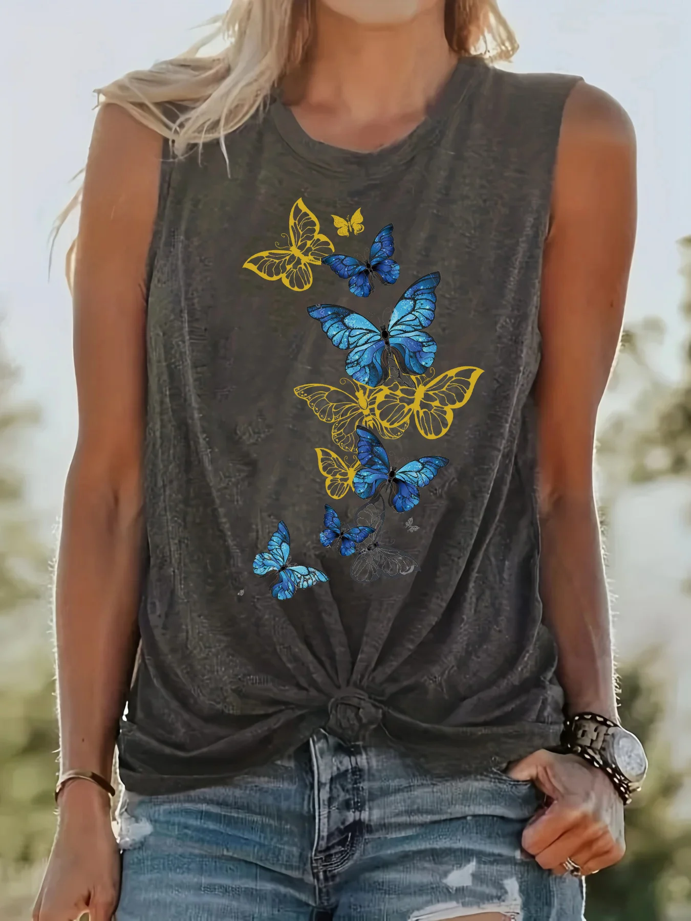 Women's Summer Butterfly Print Loose Large Breathable and Comfortable Sleeveless Tank Top T-shirt High Street Unisex Style