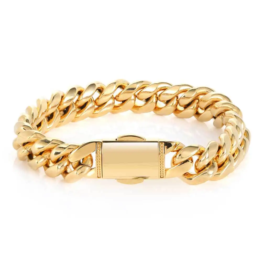 Luxury 24K 9999 Pure Gold real gold Hip Hop Spring Buckle Cuban Chain Round Grinding Encryption Men's Bracelet