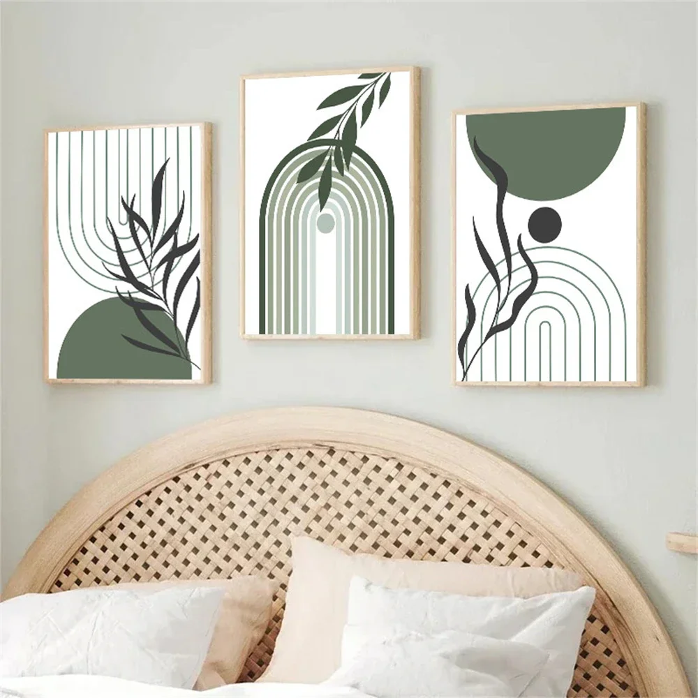 

Green Geometric Abstract Rainbow Line Wall Art Canvas Painting Plant Leaves Print Pictures Boho Wall Poster Living Room Decor