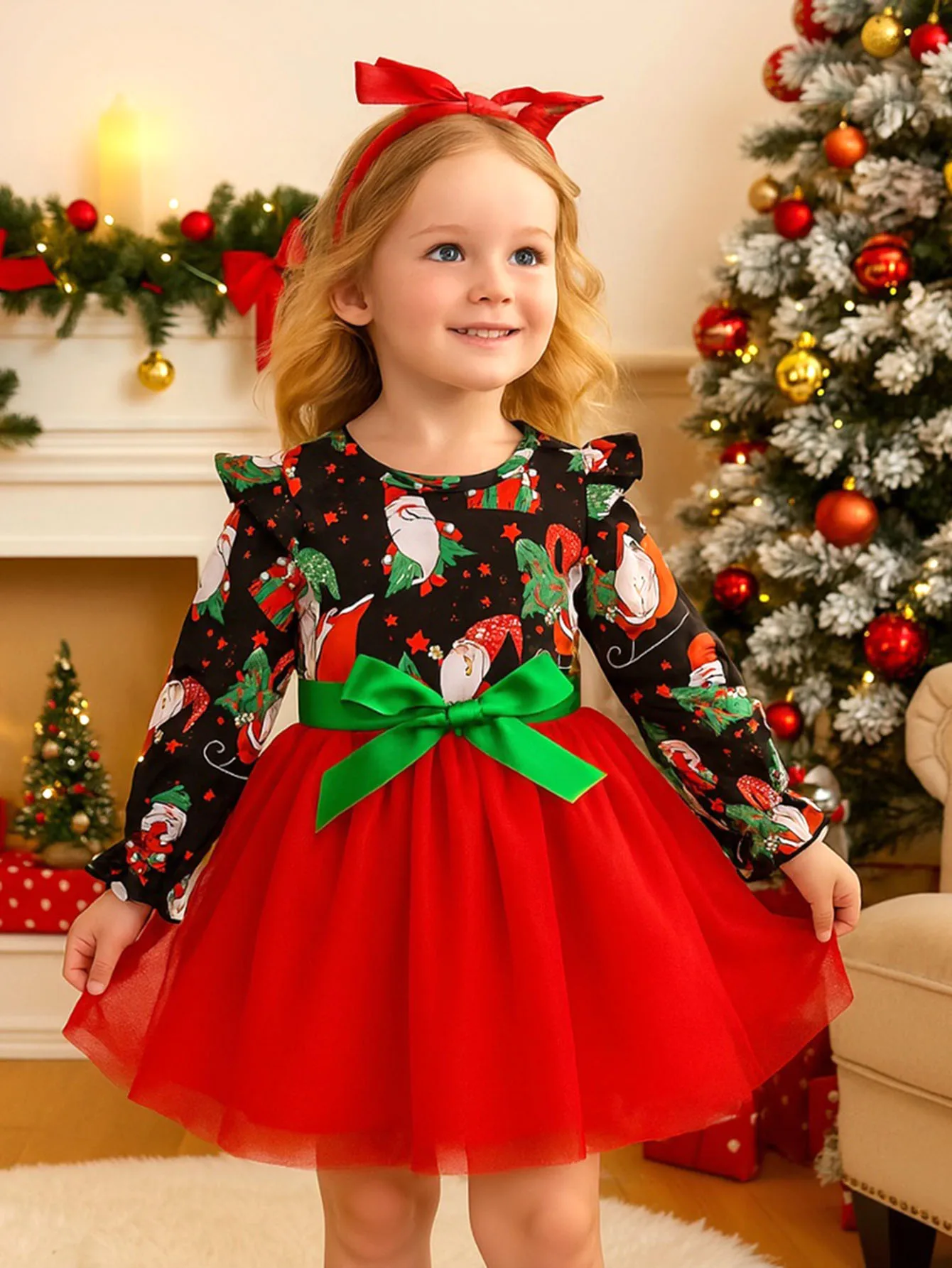 Kids Girls Santa Print Christmas Dress Green Bow Long Sleeve Ruffle Red Tulle Tutu Kids Xmas Party Holiday Birthday Outfit