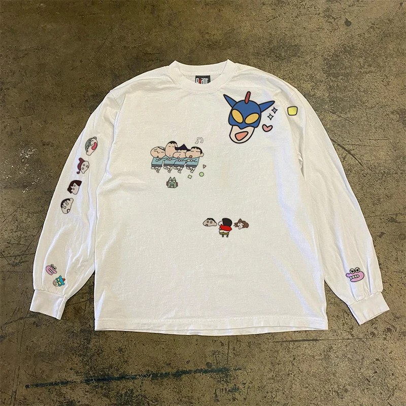 

Футболка с длинным рукавом из чистого хлопка (300 г/м²), универсальная, модная, оверсайз, с карманом и носовым платком, новинка