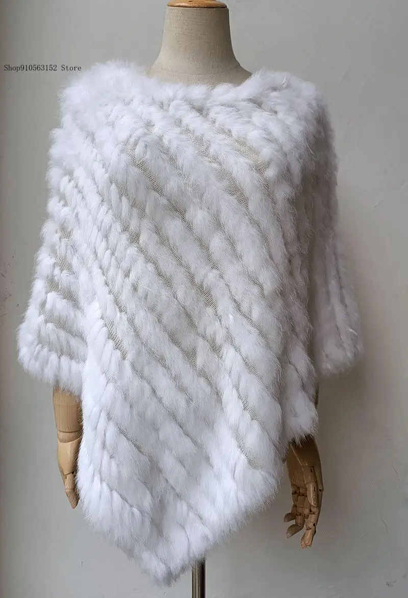 Autumn and Winter Real Rabbit Fur Woven Triangular Shawl Rabbit Fur Round Neck Pullover Cloak for Women