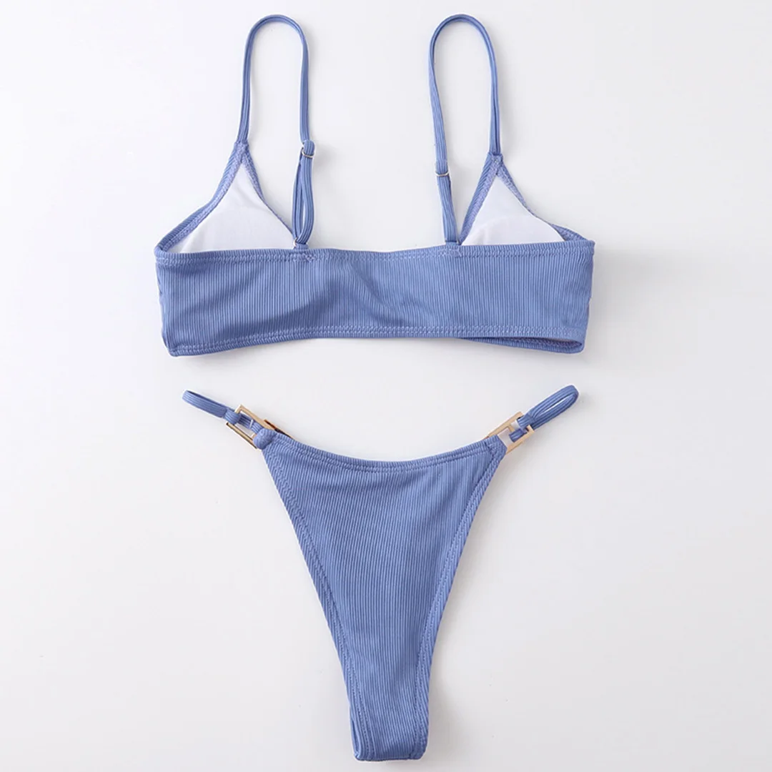 Sexy, gerippter, hoch geschnittener Bikini, Damen-Badeanzug, zweiteiliger Bikini mit Polsterung, Badebekleidung, Badeanzug, Damen-Bikini V7111 – Detail 29