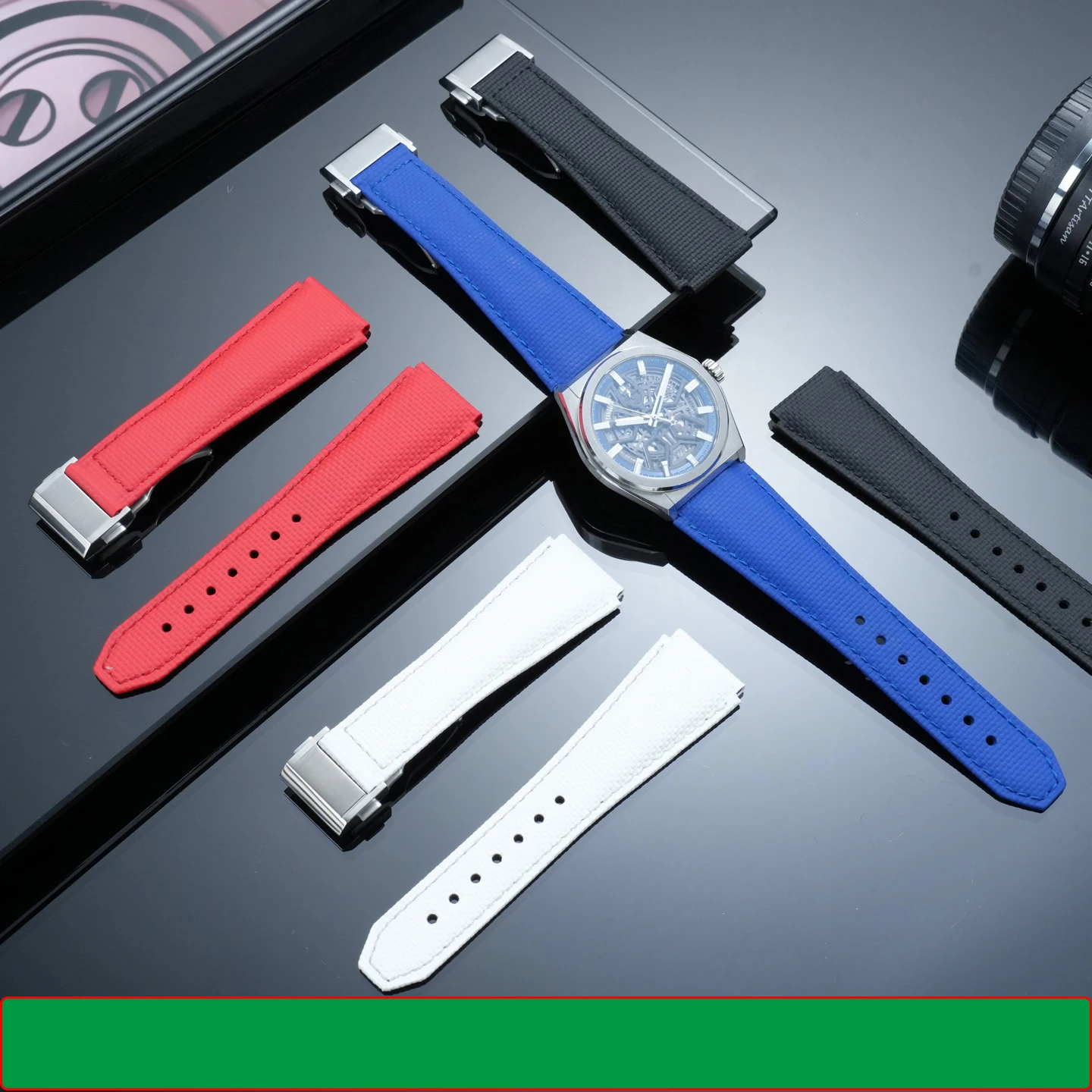 High quality Fluororubber watch band 22mm folding buckle bracelet For Zenith DEFY series 95.9000.670 Soft FKM+Cow leather Strap