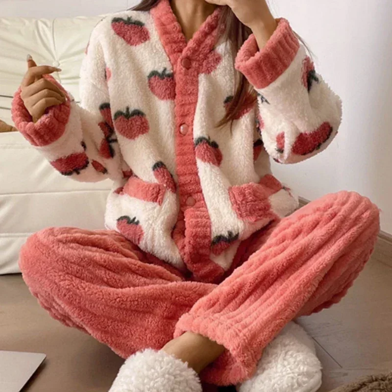 Autumn Winter Kawaii Cartoon Pajama Sets Women Pyjamas Warm Flannel Loung Sleepwear Girl Pijama Mujer Night Suits Homewear PJ