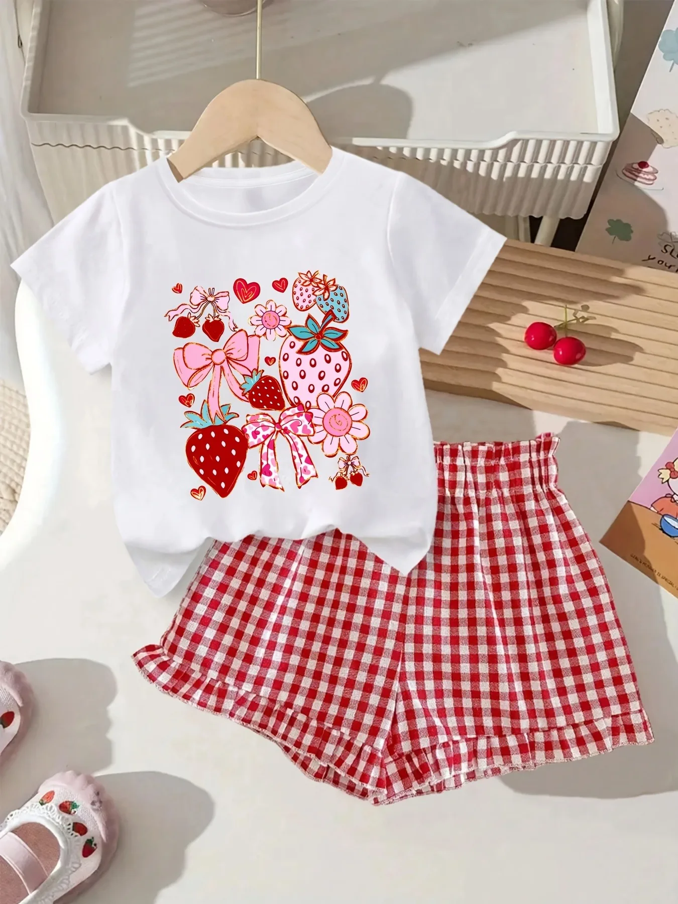 Comfy Kids Girls Two Piece Casual Set, Strawberry Bow Flower Print Crew Neck Top & Red Check Ruffle Shorts for Outdoor Picnic &