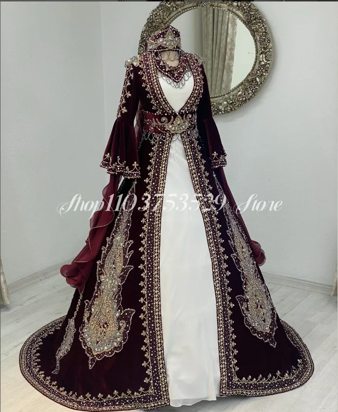 Long Sleeve Placket Burgundy Evening Dress Exquisite Luxury Embroidery Applique Diamond Beaded Ethnic Dress فساتين سهرة فاخرة