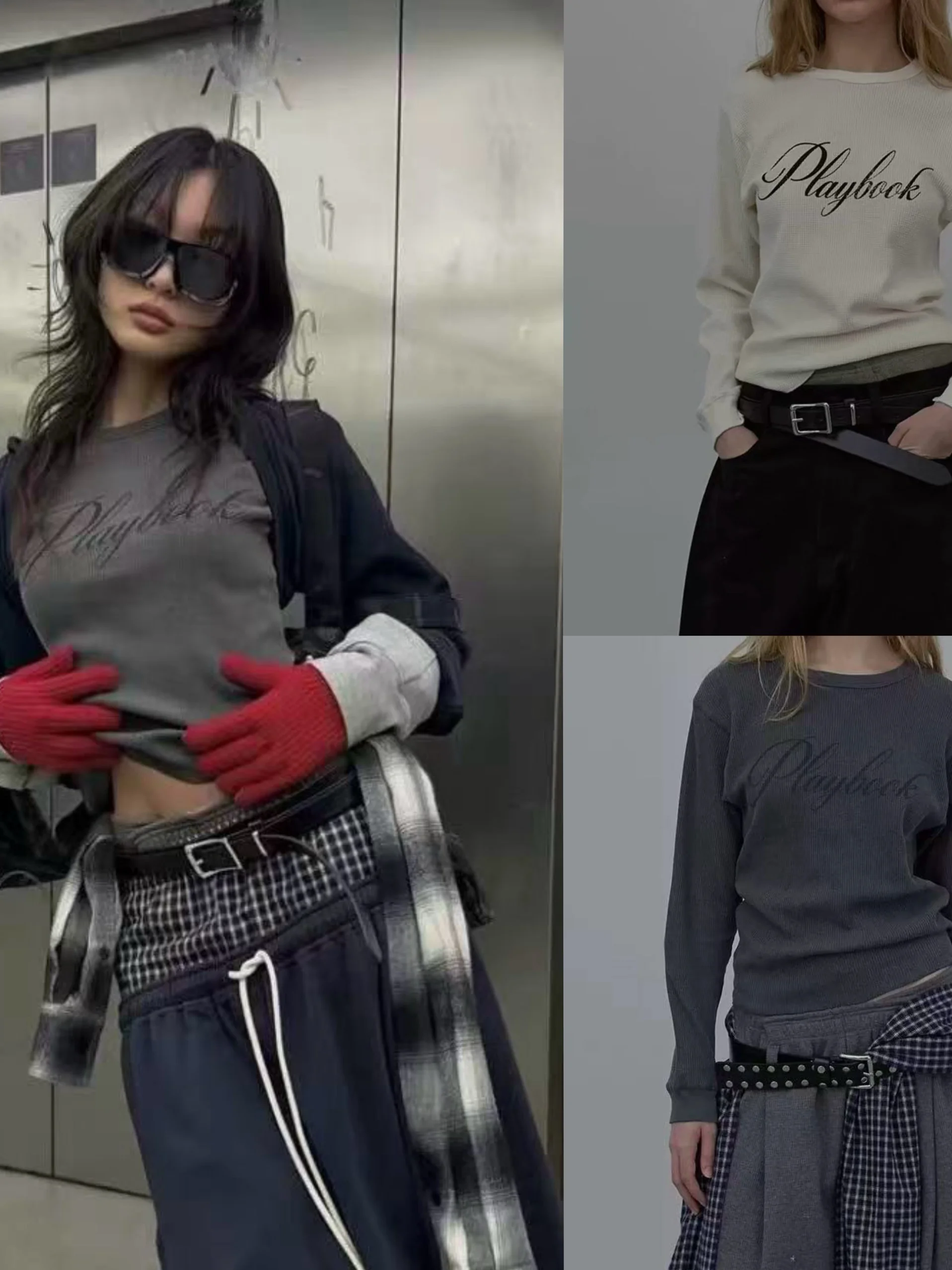 

Повседневная свободная трикотажная футболка с длинным рукавом и буквенным принтом, универсальный базовый топ для повседневного уличного стиля