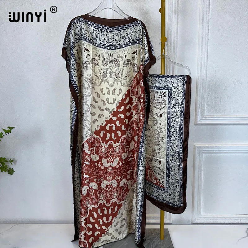 

WINYI 2024 New African Women Dashiki boho print muslim woman dubai Free Size Design With Scarf Maxi Loose African Elegant Dress