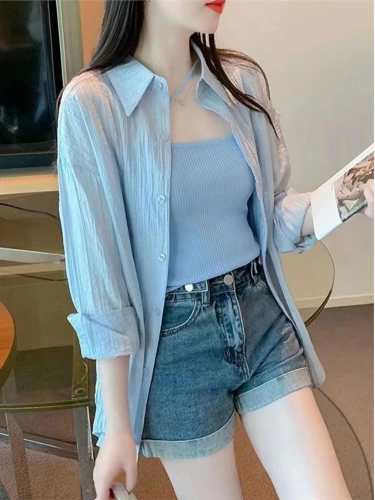 夏ルーズ人気アイスシルクシフォン女性の日焼け止めシャツ薄いカーディガンブラウスアウターシンプルな耳カバー