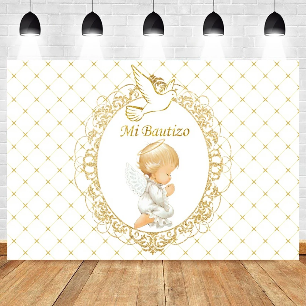 Mi Bautizo Baby Shower Backdrop My First Communion Gold Cross Grail God Bless Baptism Christening Birthday Decor Background Prop