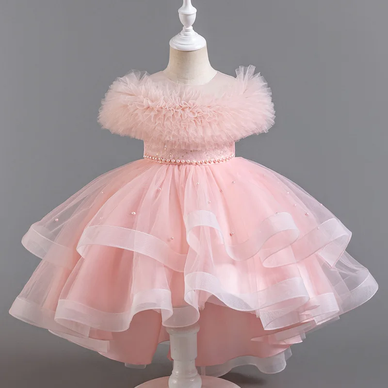 Fashion Solid Color Girl Evening Gown Lace Mesh Sleeveless Party Dress for Kids Girl Summer Children Girls Party Dress 3-12Years