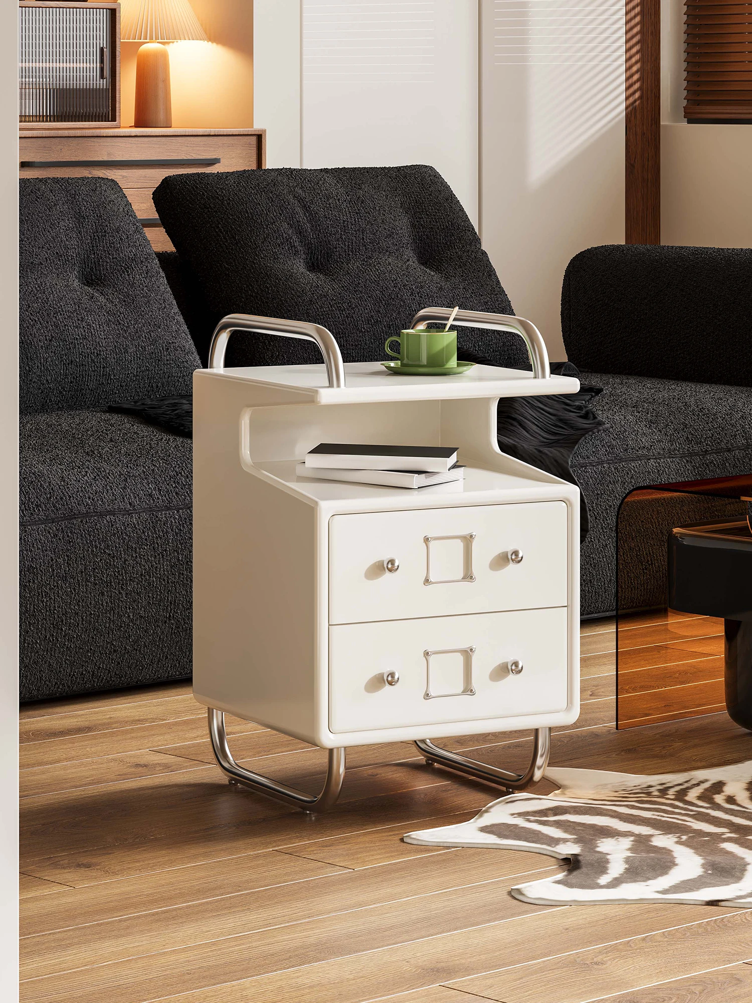 Designer duck beak bedside table record projector cabinet storage cabinet stainless steel retro sofa side cabinet