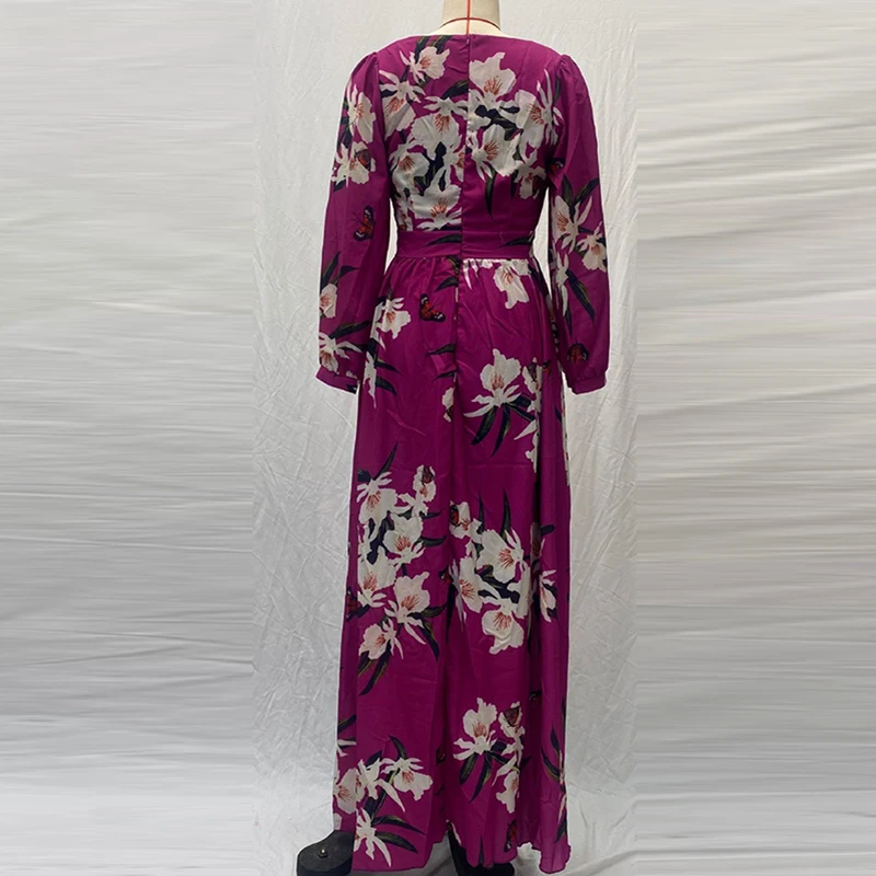 Elegant V-neck Long Sleeve Bohemian Dress Women Fashion Hight Waist Pleated Long Dress Vintage Flower Print Chiffon Party Dress