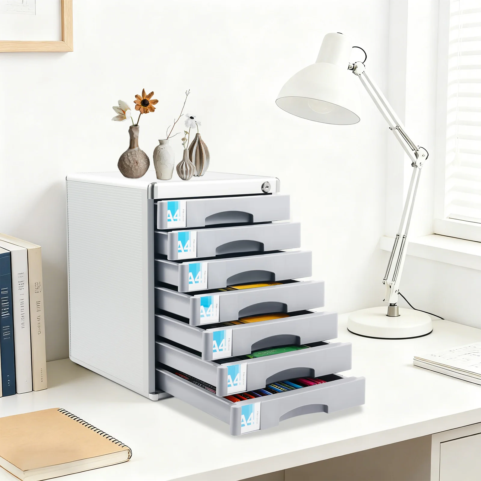 

Bymaocar File Tray Drawer Organizer Desk Apothecary Cabinet Lockable 7 Layer Aluminum Alloy Filing Box with Security Lock Multi Layer Linkage Locking Space Saving Compact Size 14x11.8x16 Inch Modern Gray Silver Home Office