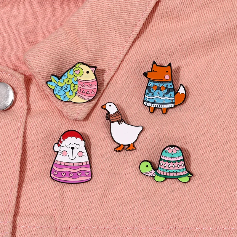 Happy Winter Enamel Pins Custom Bird Cat Fox Turtle Goose Brooches Lapel Badges Animal Sweater Jewelry Gift Drop-shipping